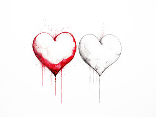 Two red hearts on a white background, pencil drawing, graphics