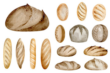 Bread baking clipart. Watercolor illustration of food on an isolated background. A set of individual elements of wheat buns and baguettes for menu and logo design.