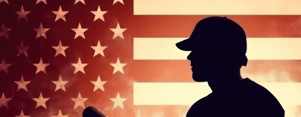 Silhouette of a Baseball Player in Front of the American Flag Generative AI - obrazy, fototapety, plakaty