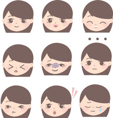 woman's expression emotion faces pack screenshot, in the style of japanese, light purple and dark beige, princesscore, stencils, tondo, unconventional poses, dark white and dark azure