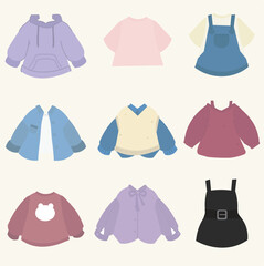 an assortment of for boys and girls, in the style of pastel-hued, genderless, minimalistic japanese, violet and brown, catcore, light red and dark indigo, cartoonish style