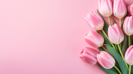 a bouquet of tulips on a white light pink background. Banner, Flat lay, top view, copy space.