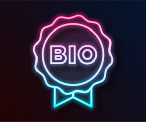 Glowing neon line Banner, label, tag, logo for bio green healthy food icon isolated on black background. Organic product. Healthy food sticker. Vector