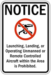 No drone warning sign launching, landing, or operating unmanned or remote controlled aircraft within the area is prohibited