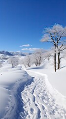 A photorealistic image of a snowy landscape with mountains ,Winter Landscape,Panaromic Image