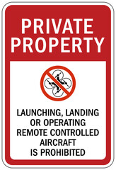 No drone warning sign private property. Launching, landing or operating remote controlled aircraft is prohibited