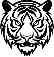 Lion with angry face silhouette in black color. Vector template for laser cutting.