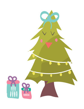 Christmas tree of set in flat cartoon design. This image allow to add whimsical magic to celebrations with cute Christmas tree character, boasting irresistibly playful style. Vector illustration.