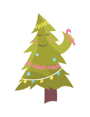 Christmas tree of set in flat cartoon design. This lovably cute Christmas tree character and its vibrant and colorful style adding a playful and joyful element to the holidays. Vector illustration.