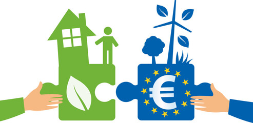 Europe pour la rénovation énergétique , concept écologie et économie des énergies, indépendance énergétique - obrazy, fototapety, plakaty