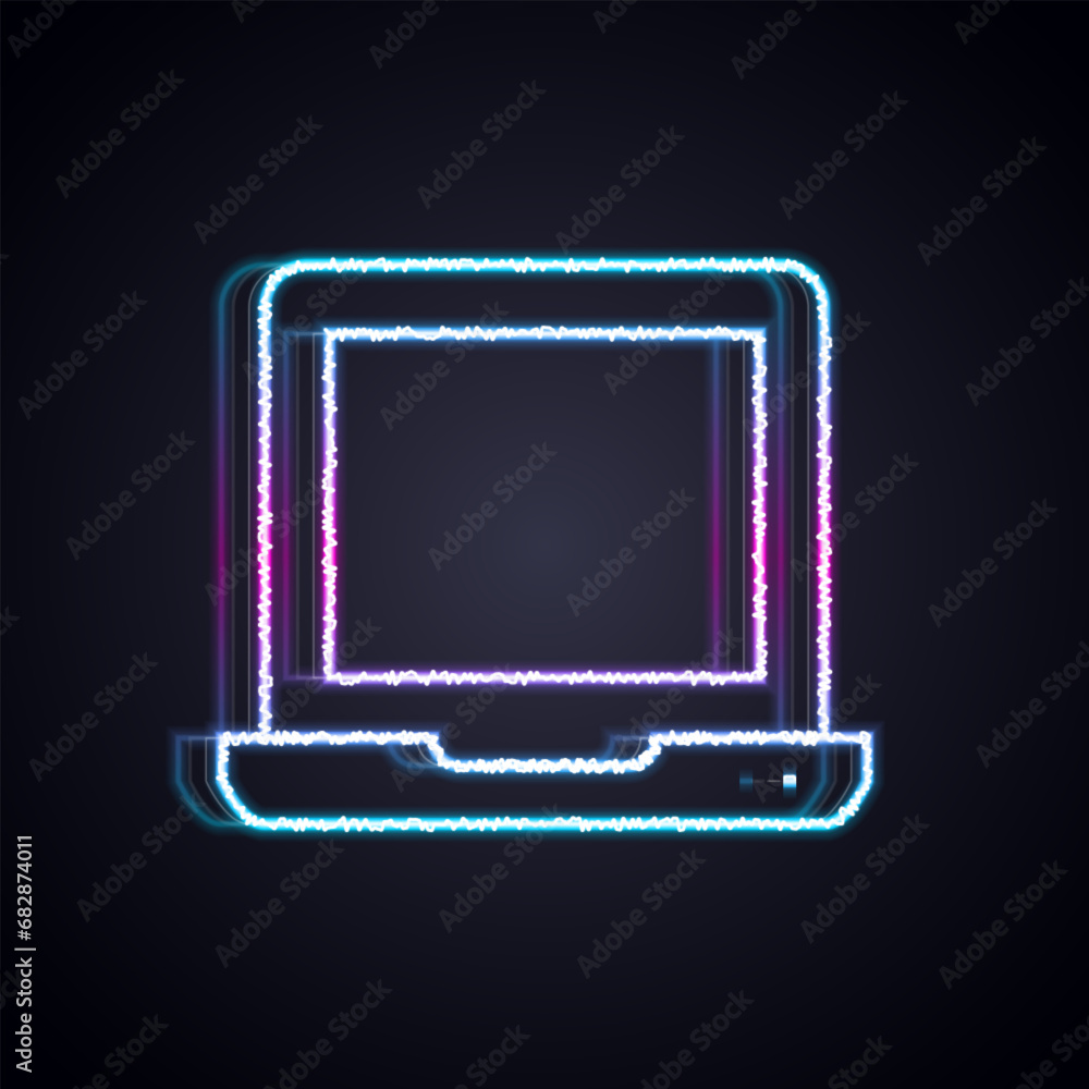 Poster glowing neon line laptop icon isolated on black background. computer notebook with empty screen sign