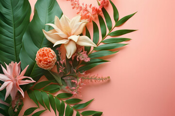 Bouquet artificial tropical flowers isolated on the peach background. Flat lay.