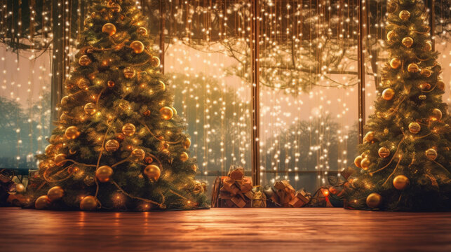 A captivating Christmas tree scene with ornaments and a mesmerizing backdrop of blurred lights.