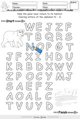 Alphabet Maze Game learning alphabet N to Z with polar bear cartoon monochrome