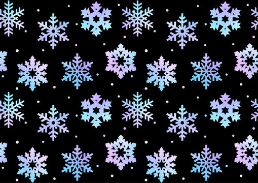 Christmas seamless pattern with iridescent vector snowflakes on black background. Winter luxury template for wrapping, cover design, flyer, poster, banner. Merry Christmas! Hologram illustration.