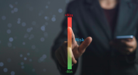 Risk management control, High and low impact for business security. Businessman touch on indicator rating chance level to increase exposure for danger financial investment, Reduction strategy. - obrazy, fototapety, plakaty