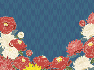 紺色の矢絣柄を背景にした菊と牡丹の花のフレーム　美しい日本的な花のフレーム　手描きイラスト　ベクターイラスト　