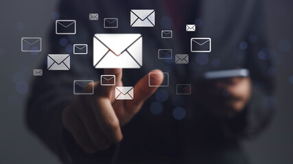 Email marketing, Send and receive email or spam inbox. Company sending many e-mails, digital...