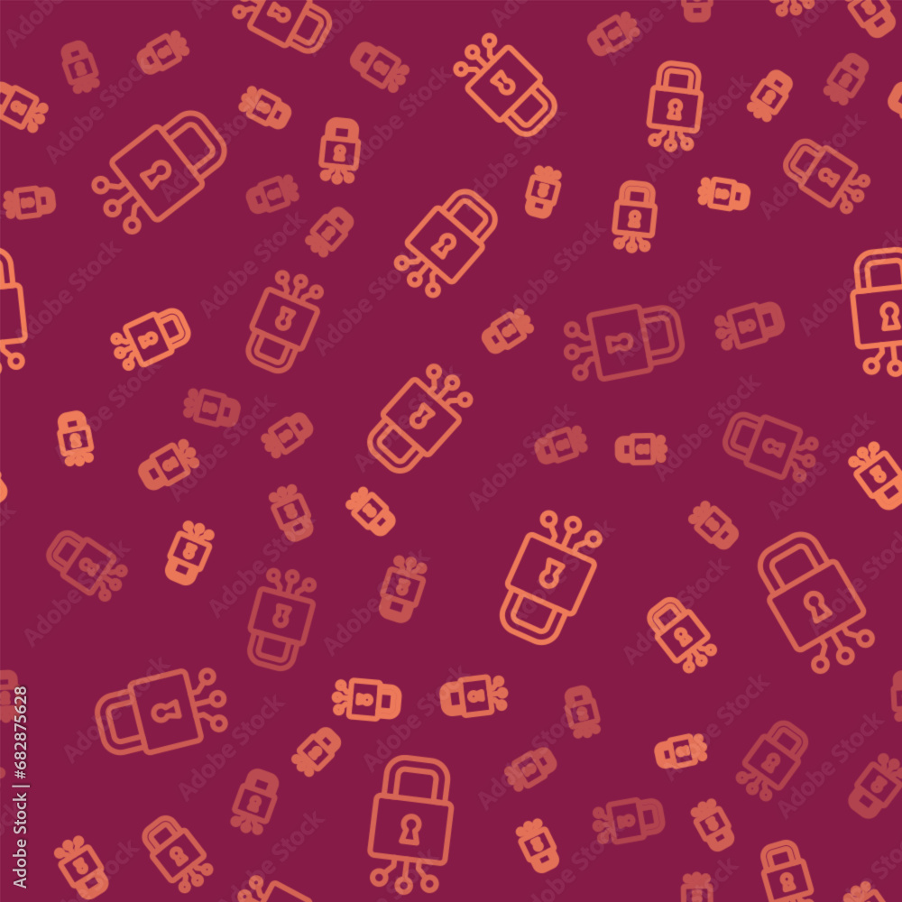 Poster brown line cyber security icon isolated seamless pattern on red background. closed padlock on digita