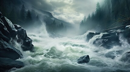 Turbulent river in the wild nature, a large natural stream of water flowing in a channel to the sea, a lake, or another such stream