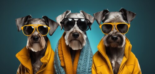 A Trio of Canine Companions in Vibrant Rain Coats on a Blue Background. A group of three schnauzers wearing colourful rain coats on a blue background - obrazy, fototapety, plakaty