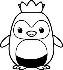 Cute little penguin with crown silhouette in black color. Vector template for laser cutting.