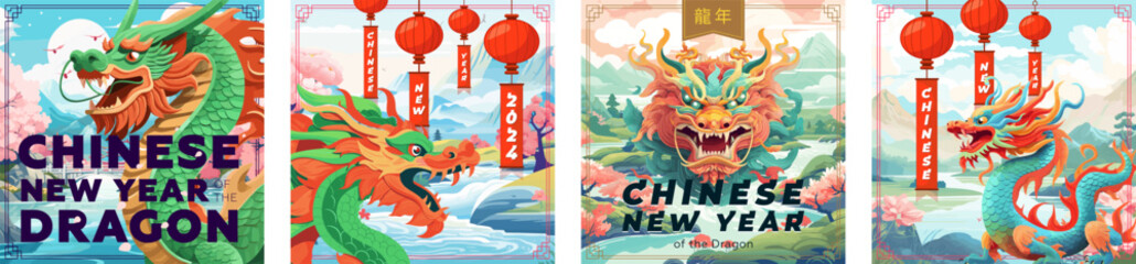 China dragon zodiac sign on nature background. Chinese New Year 2024 square art cover set. Asian festive banner. Oriental mythical serpent. Text translation from Chinese: Year of the dragon. Vector