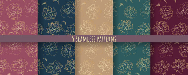 set seamless patterns of golden peonies
