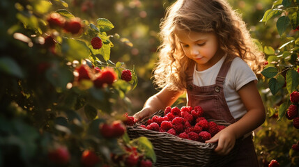 the girl plucks raspberries from the bush.Generative AI
