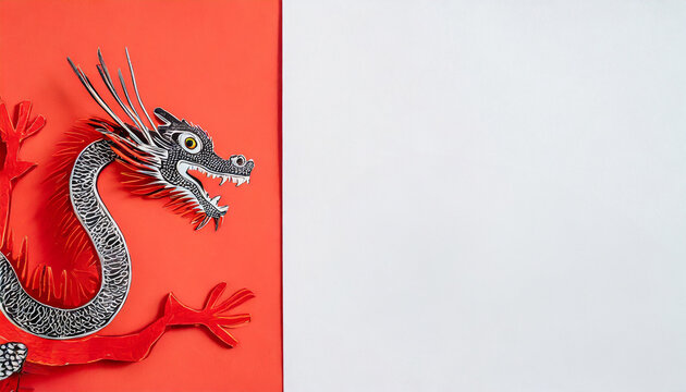 Dragon year celebration card, dragon made with paper art for chinese calendar, pink and white empty space for notes or congratulatory message