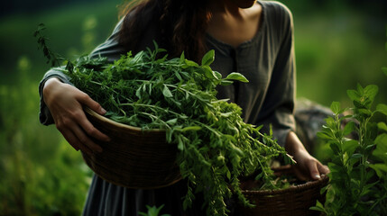 A woman collects medicinal herbs.Generative AI