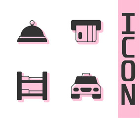 Set Taxi car, Covered with tray of food, Hotel room bed and Credit card icon. Vector