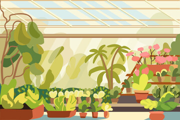 Greenhouse, garden with green trees and indoor plants. Indoor landscaping concept. Vector illustration.