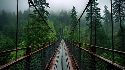 Generative AI, treetop boarding bridge on misty fir forest beautiful landscape in hipster vintage retro style, foggy mountains and trees.	
