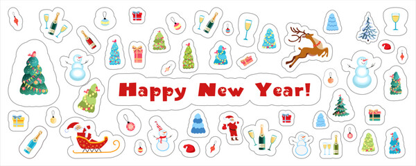 New Year and Christmas stickers for print and design, cartoon. Santa with reindeer and snowman. Christmas tree decorations and lettering. Not AI, hand drawn