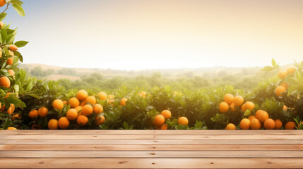 Wood Table in Vibrant Orange Orchard - Rustic Countryside Scene