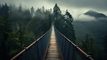 Fototapeta premium Generative AI, treetop boarding bridge on misty fir forest beautiful landscape in hipster vintage retro style, foggy mountains and trees. 