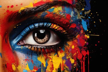A woman's eye with colorful makeup blending with paint drips, emphasizing beauty and creativity.