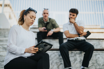 In the urban city, young business partners discuss project details and review documentation outdoors. Embracing teamwork and technology, they strategize for profitable planning.