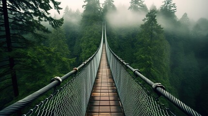 Fototapeta premium Generative AI, treetop boarding bridge on misty fir forest beautiful landscape in hipster vintage retro style, foggy mountains and trees. 