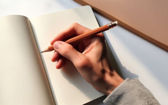 blank notebook The hand holding the pencil is about to start writing in a notebook Taking notes Drawing with a pencil