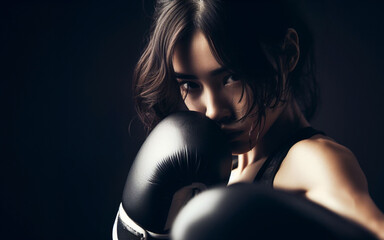 female boxer Practice fighting hard sweating all over Powerful image black background