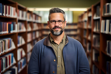 An Asian male librarian standing in the library wearing blue jacket and have bulk of books settle in the shelves behind the man 
