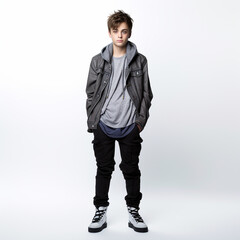 Fototapeta premium Stylish teenage boy on white background, ai technology