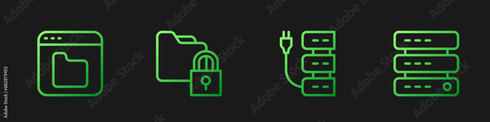 Poster set line server, browser files, folder and lock and data, web hosting. gradient color icons. vector