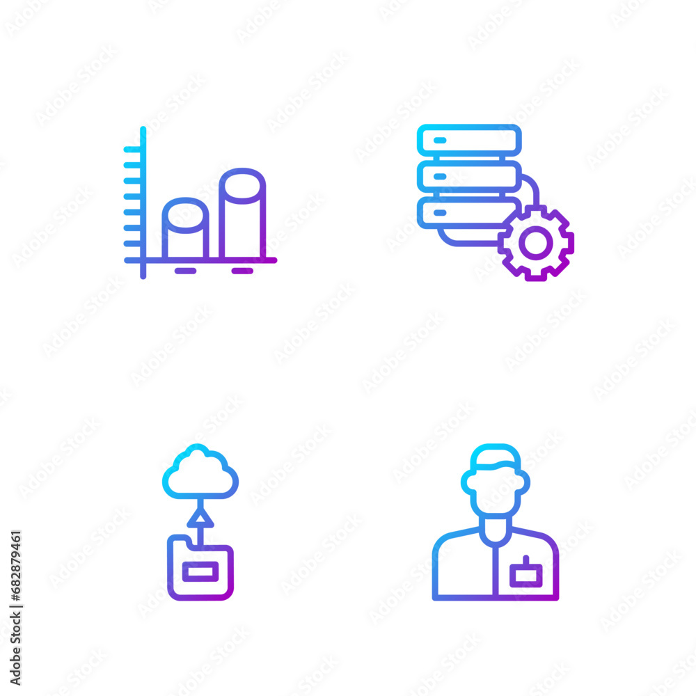 Poster set line analyst engineer, cloud technology data transfer, data analysis and server and gear. gradie