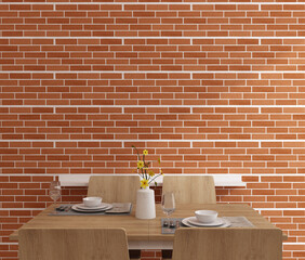 Home interior, modern bright dining room interior, brown bricks empty wall mock up, wooden table and four chairs. 3D Rendering