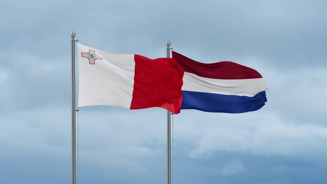 Netherlands flag and Malta flag waving together on cloudy sky, endless seamless loop, two country relations concept