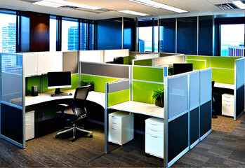good,office,Cubicle and private with partitions, drawers, and monitors in a small area