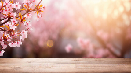 Naklejka na ściany i meble Wooden Table in Sakura Flower Park - Outdoor Picnic Serenity